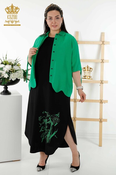 Женское платье-рубашка оптом - цветочный узор - зеленый черный - 20367 | КАZEE
