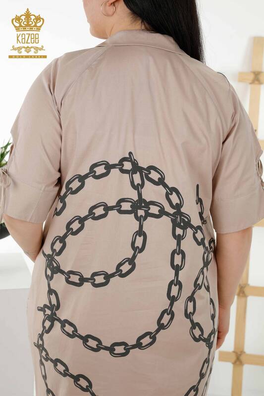 Женское платье-рубашка оптом - Цепной узор - Бежевый - 20379 | КАZEE