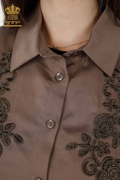 Женские рубашки оптом - Цветочный узор - Коричневый - 20249 | КАZEE - Thumbnail