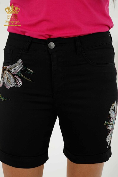 Женские шорты оптом - с рисунком бабочки - черный - 3525 | КАZEE - Thumbnail