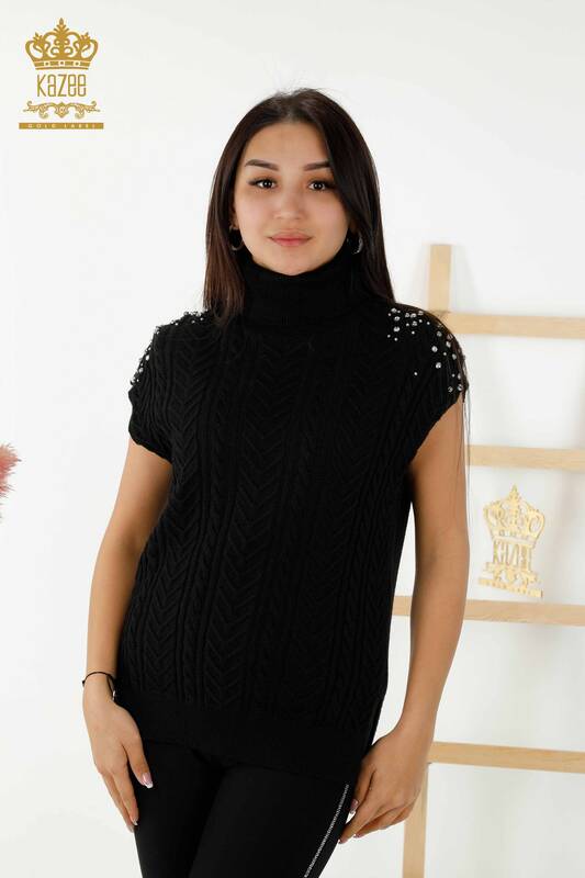 Женский свитер без рукавов оптом - Кристалл Вышитый камень - Черный - 30242 | КАZEE