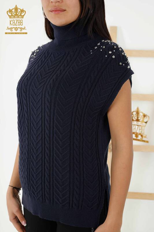 Женский свитер без рукавов оптом - кристаллы вышитые камнями - темно-синий - 30242 | КАZЕЕ