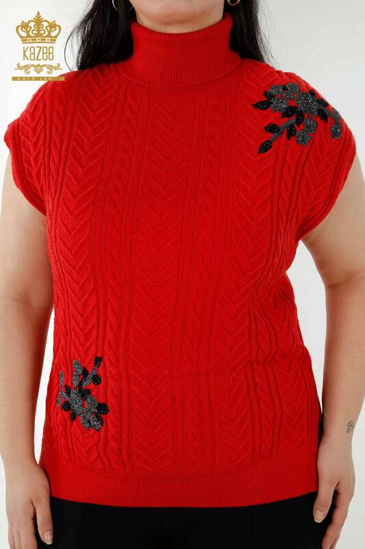 Оптовая Женский свитер без рукавов с цветочным узором Красный - 30179 | КАZЕЕ