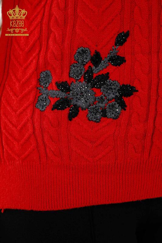 Оптовая Женский свитер без рукавов с цветочным узором Красный - 30179 | КАZЕЕ
