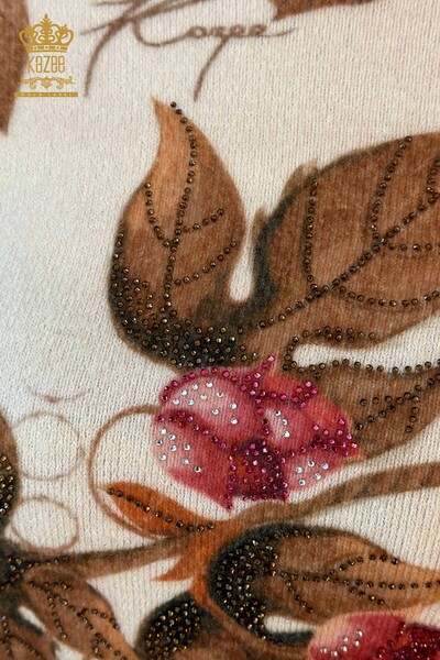 Женский свитер оптом с рисунком листьев ангоры коричневый - 18998 | КАZEE - Thumbnail