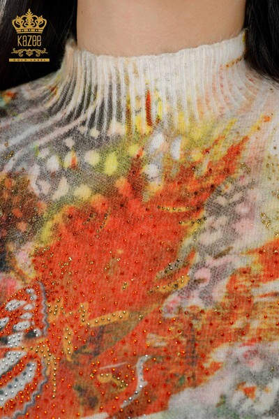 женский трикотаж свитер оптом ангорский узорчатый камень вышитый оранжевый - 16002 | КАZEE - Thumbnail