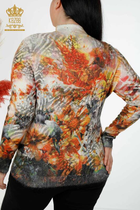 женский трикотаж свитер оптом ангорский узорчатый камень вышитый оранжевый - 16002 | КАZEE