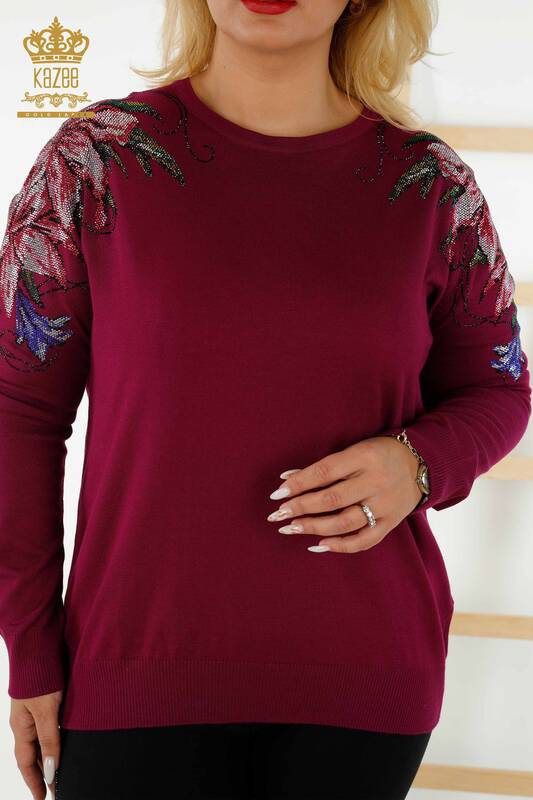 Женский трикотажный свитер оптом - Кристалл - Вышитый камень - Пурпурный - 30230 | КАZEE
