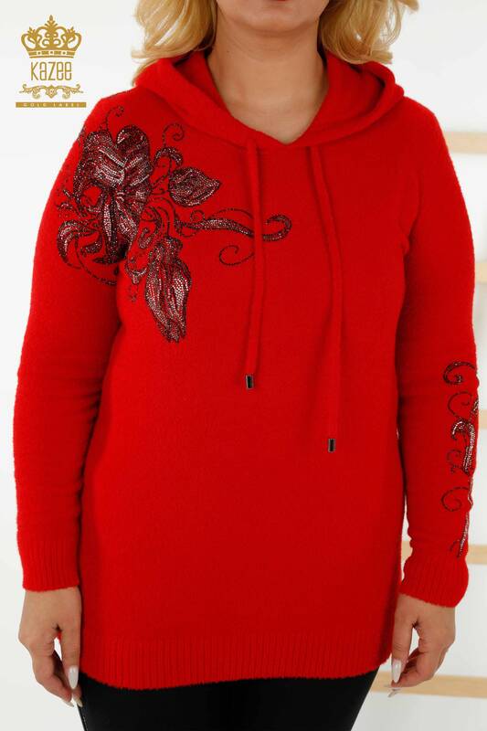 Женский свитер оптом - Толстовка с капюшоном - С рисунком - Красный - 40005 | КАZEE