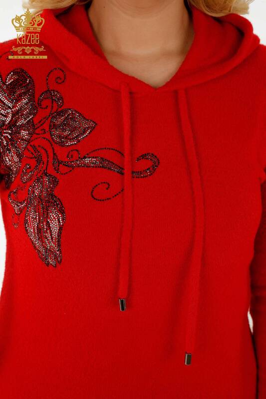 Женский свитер оптом - Толстовка с капюшоном - С рисунком - Красный - 40005 | КАZEE
