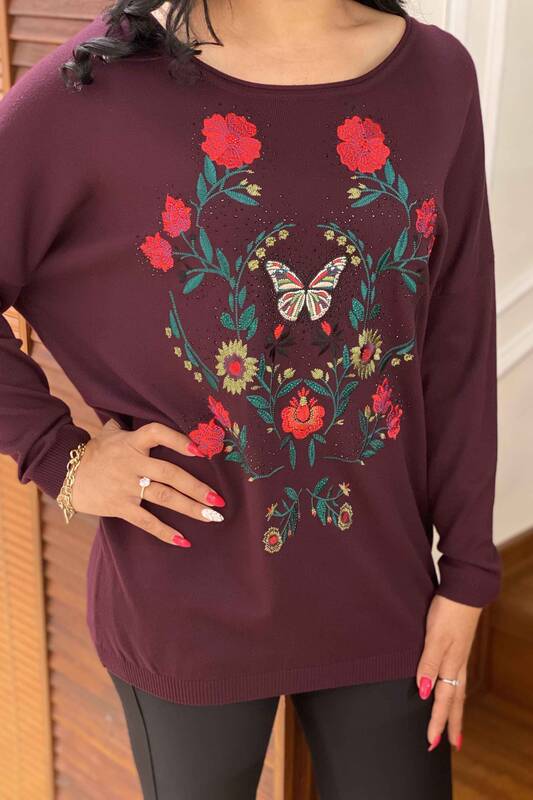 Женский свитер оптом с цветочным узором и вышивкой камнем - 16134 | КАZEE