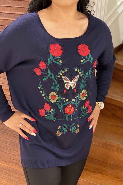 Женский свитер оптом с цветочным узором и вышивкой камнем - 16134 | КАZEE - Thumbnail