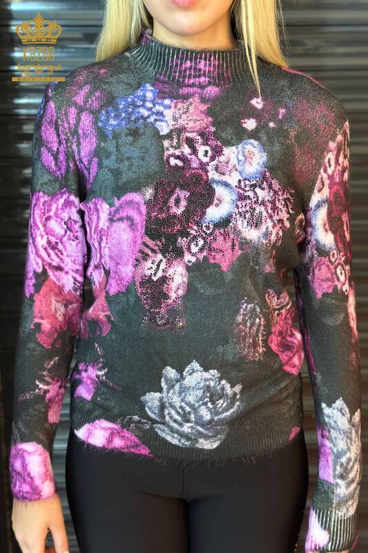 Женский вязаный свитер оптом из ангоры с вышивкой сиреневый - 18944 | КАZEE