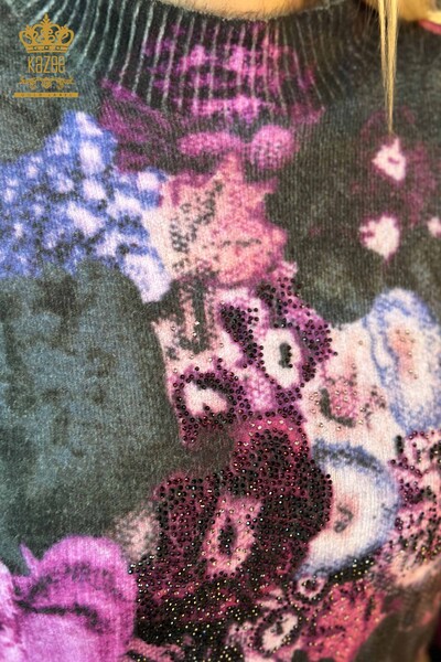Женский вязаный свитер оптом из ангоры с вышивкой сиреневый - 18944 | КАZEE - Thumbnail