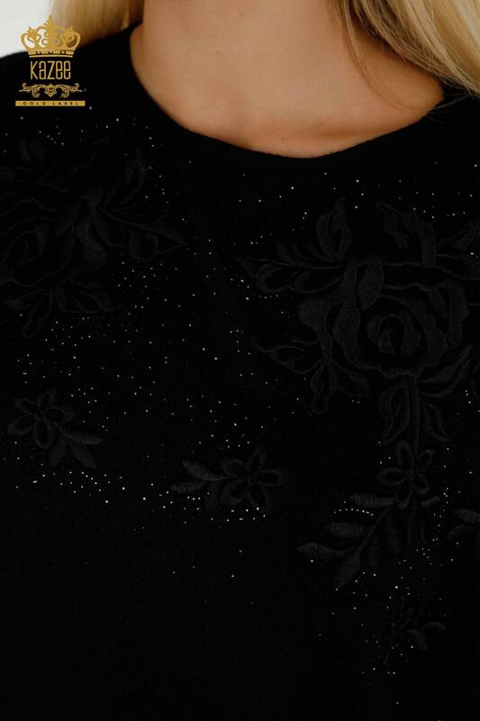 Женский вязаный свитер оптом черный с каменной вышивкой - 16799 | КAZEE