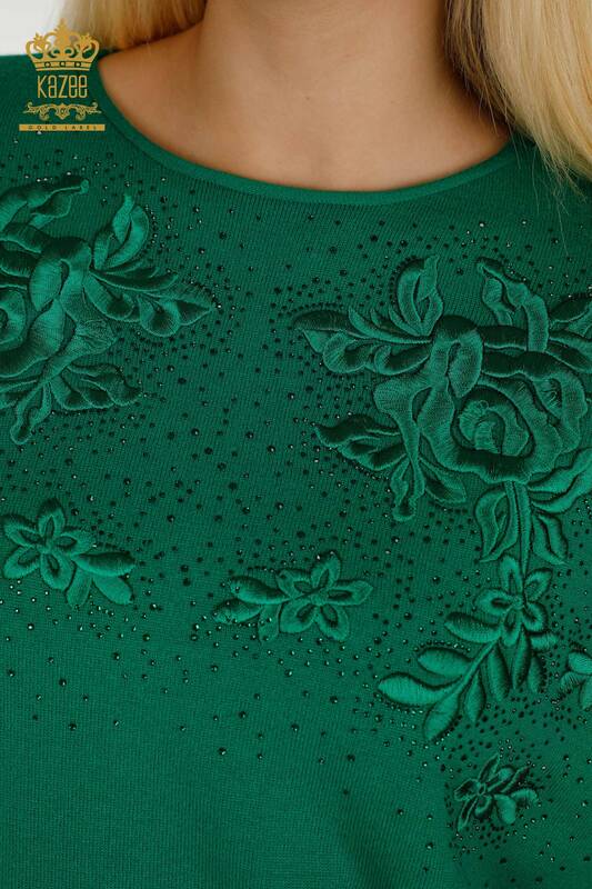 Женский вязаный свитер оптом с вышивкой камнями, зеленый - 16799 | КАZEE