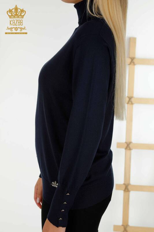 Женский вязаный свитер оптом с пуговицами на рукавах, темно-синий - 30506 | КАZEE