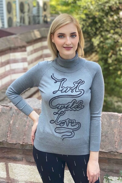 Оптовая продажа, женский свитер из трикотажа, водолазка с надписью - 15616 - KAZEE - Thumbnail