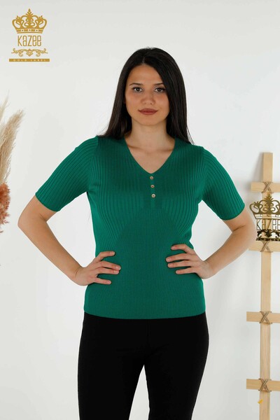 Женский трикотажный свитер оптом - подробно на пуговицах - зеленый - 30043 | КАZEE - Thumbnail