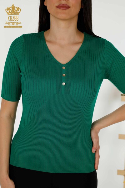 Женский трикотажный свитер оптом - подробно на пуговицах - зеленый - 30043 | КАZEE - Thumbnail