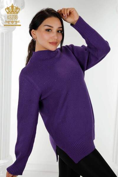 Женский свитер оптом - Вышитый хрустальным камнем Фиолетовый - 16901 | КАZEE - Thumbnail