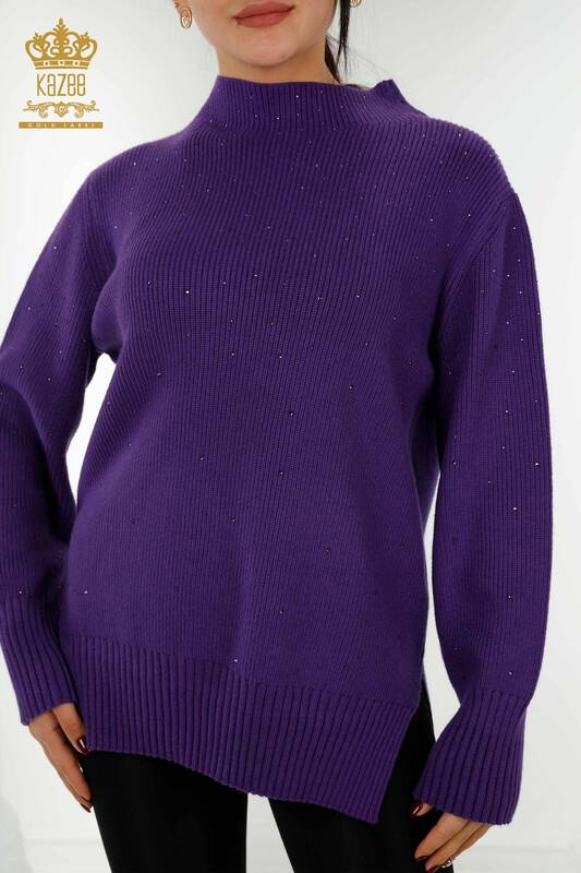 Женский свитер оптом - Вышитый хрустальным камнем Фиолетовый - 16901 | КАZEE