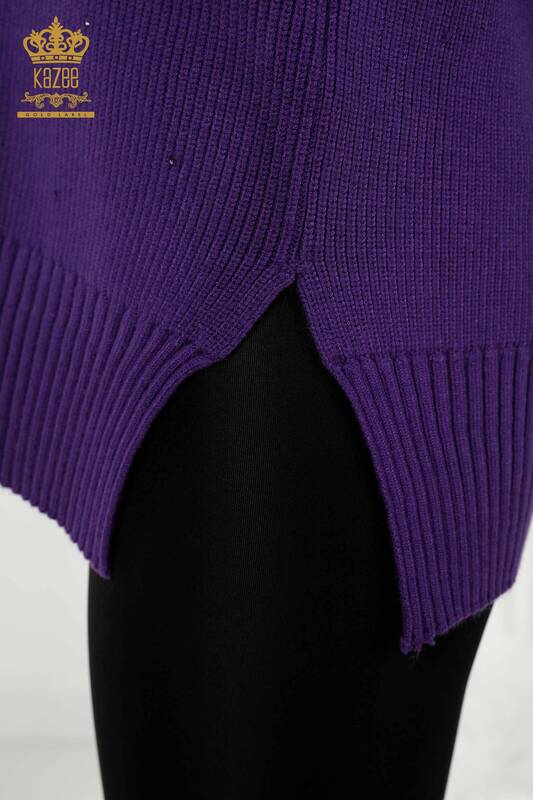 Женский свитер оптом - Вышитый хрустальным камнем Фиолетовый - 16901 | КАZEE