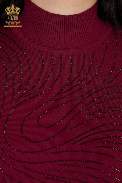 Женский трикотажный свитер оптом Вышитый хрустальным камнем Фиолетовый - 30018 | КАZEE - Thumbnail