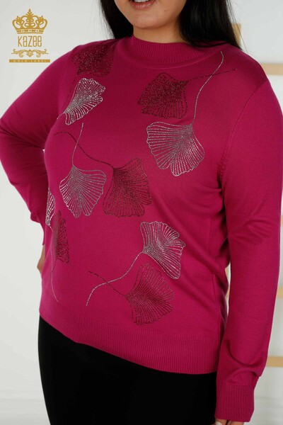 Женский трикотажный свитер оптом - С узором в виде листьев - Фуксия - 30095 | КАZЕЕ - Thumbnail