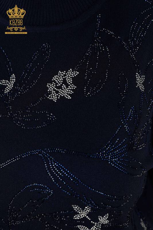Женский свитер оптом - с узором в виде листьев - темно-синий - 30240 | КАZEE