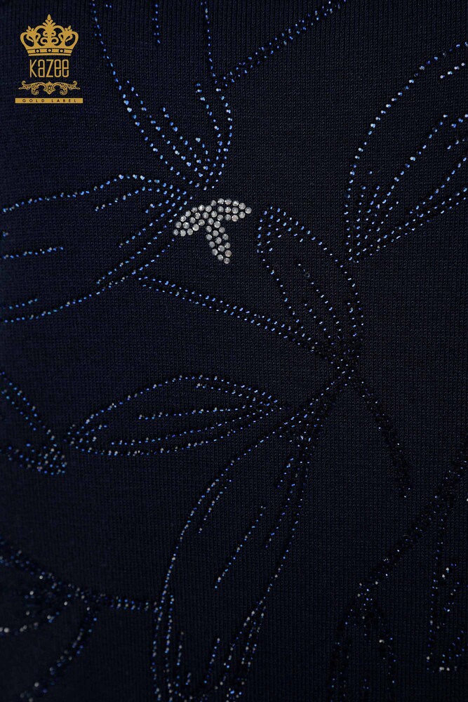 Женский свитер оптом - с узором в виде листьев - темно-синий - 30240 | КАZEE - 4