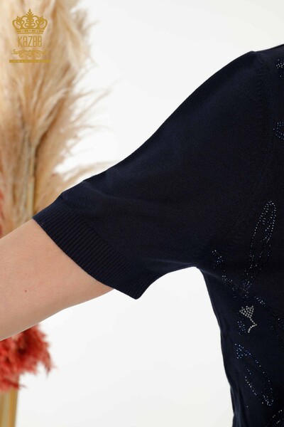 Женский свитер оптом - с узором в виде листьев - темно-синий - 30240 | КАZEE - Thumbnail
