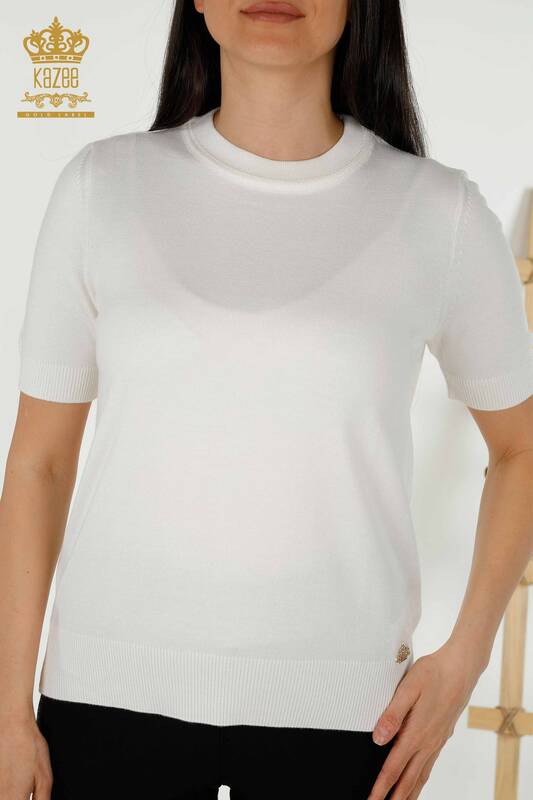 Женский трикотажный свитер оптом - Базовый - С логотипом - Экрю - 30254 | КАZEE