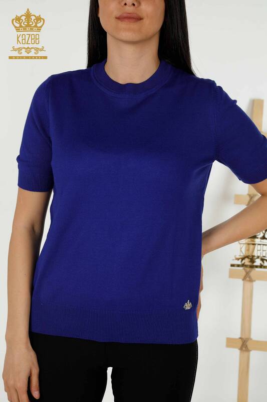 Женский трикотажный свитер оптом - Базовый - С логотипом - Электрический - 30254 | КАZEE