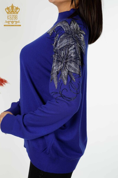 женский трикотаж свитер оптом плечо цветочные детали электрический цвет - 16597 | КАZEE - Thumbnail