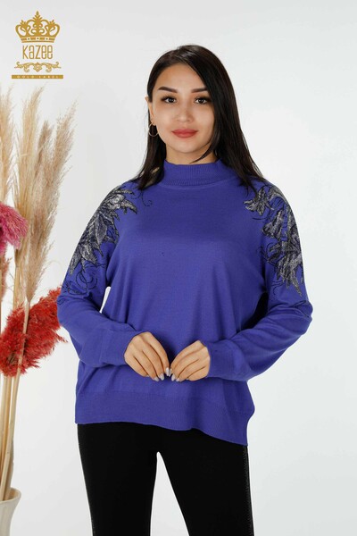 женский трикотаж свитер оптом плечо цветочные детали фиолетовый - 16597 | КАZEE - Thumbnail