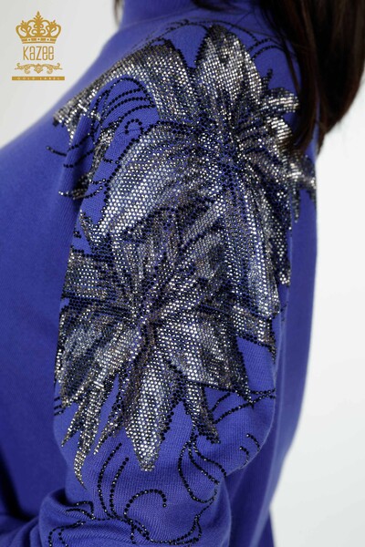 женский трикотаж свитер оптом плечо цветочные детали фиолетовый - 16597 | КАZEE - Thumbnail