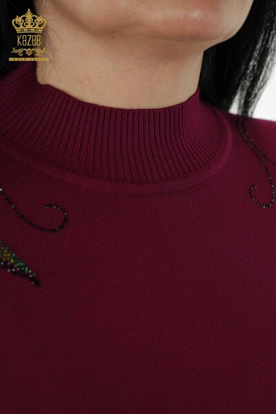 Женский свитер оптом - Плечо Цветочная деталь Фиолетовый - 30007 | КАZEE - Thumbnail