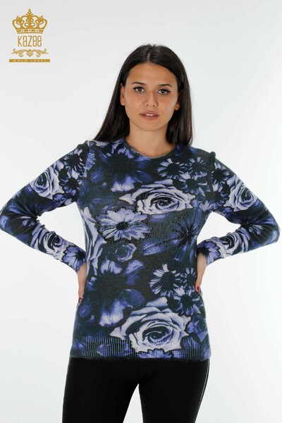 женский трикотаж свитер оптом с цифровой печатью темно-синий - 18968 | КАZEE - Thumbnail