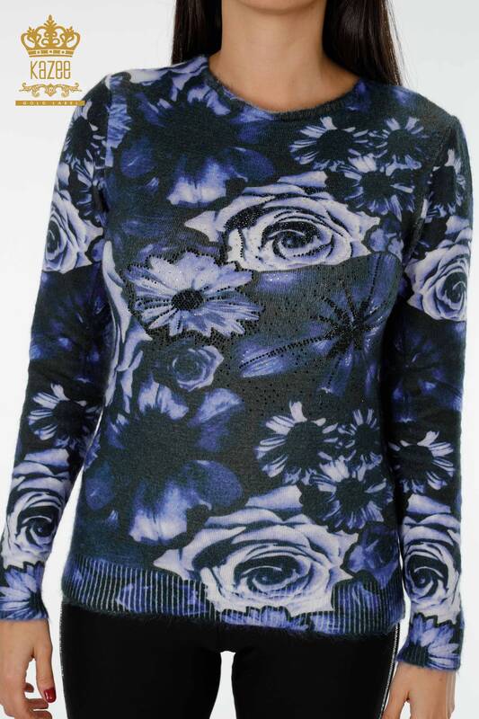 женский трикотаж свитер оптом с цифровой печатью темно-синий - 18968 | КАZEE
