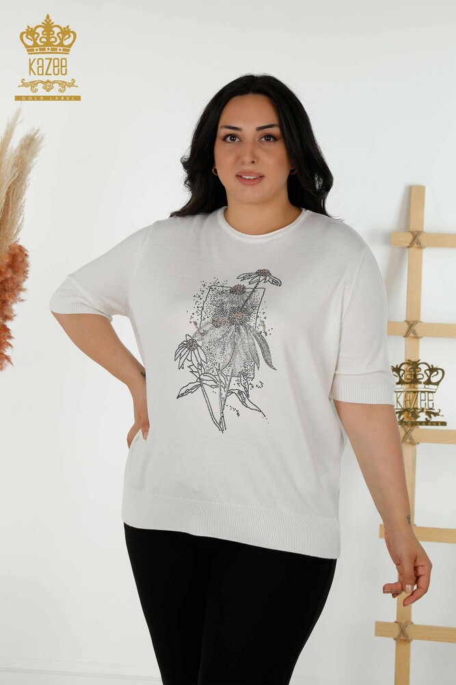 Женский вязаный свитер оптом - цветочный узор - экрю - 16963 | КАZEE - 1