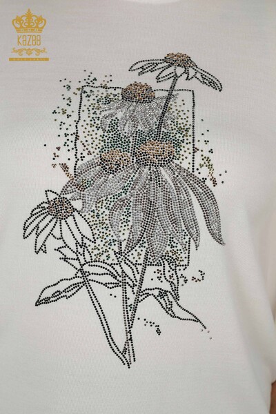 Женский вязаный свитер оптом - цветочный узор - экрю - 16963 | КАZEE - Thumbnail