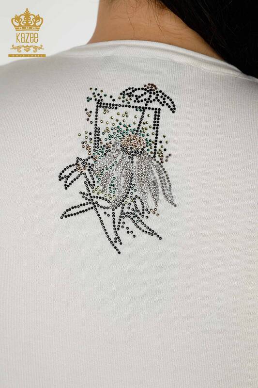 Женский вязаный свитер оптом - цветочный узор - экрю - 16963 | КАZEE