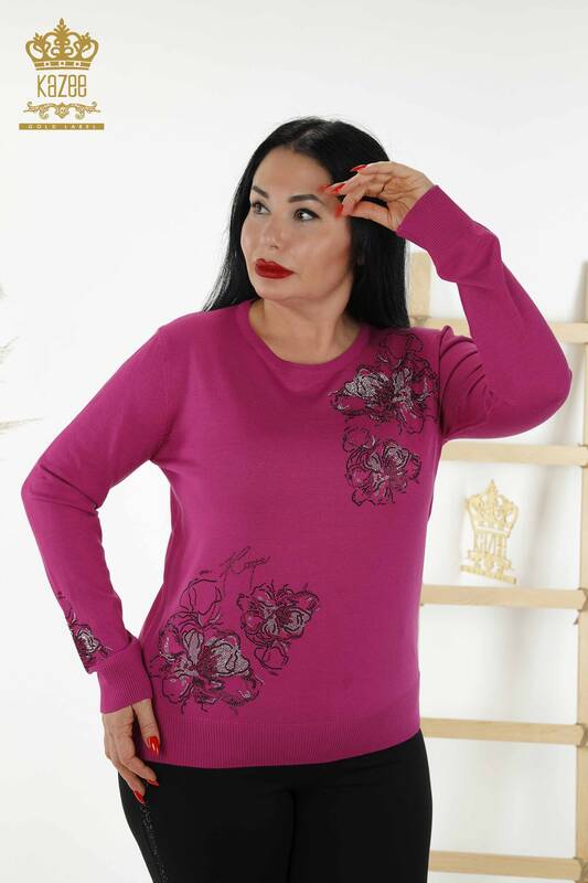 Женский свитер оптом - цветочный узор - фуксия - 30152 | КАZEE