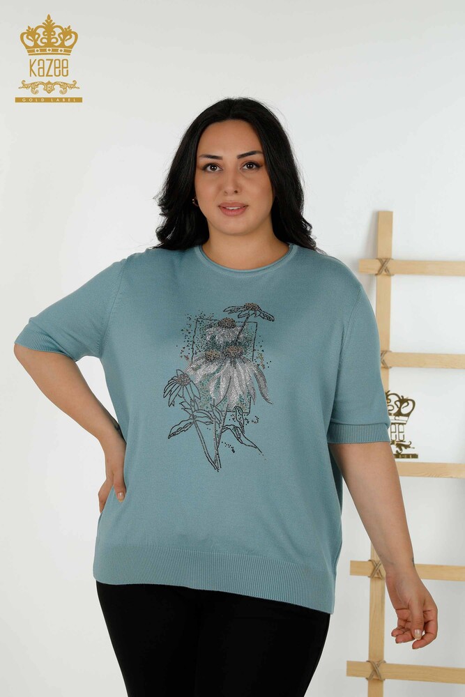 Женский вязаный свитер оптом - Цветочный узор - Мята - 16963 | КАZEE - 1