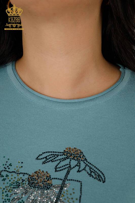 Женский вязаный свитер оптом - Цветочный узор - Мята - 16963 | КАZEE