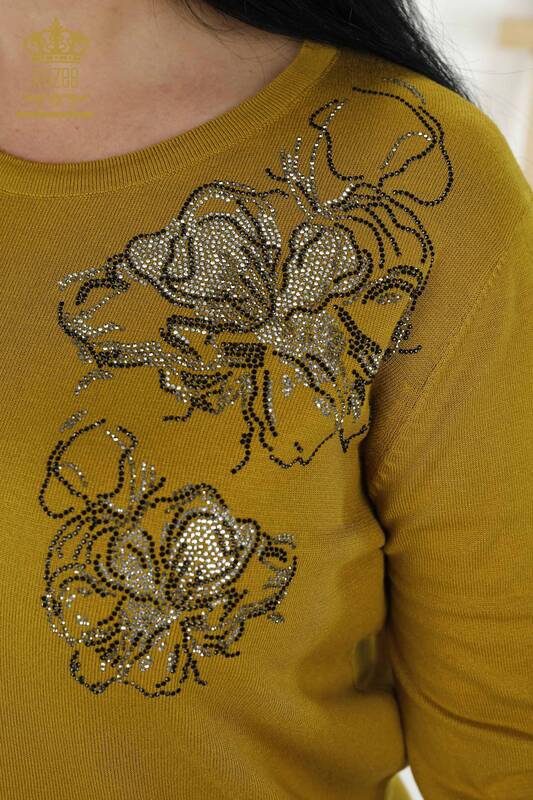 Женский трикотажный свитер оптом - Цветочный узор - Шафран - 30152 | КАZEE