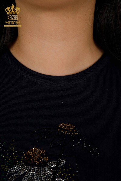 Женский трикотажный свитер оптом - Цветочный узор - Темно-синий - 16963 | КАZEE - Thumbnail