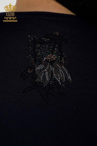 Женский трикотажный свитер оптом - Цветочный узор - Темно-синий - 16963 | КАZEE - Thumbnail