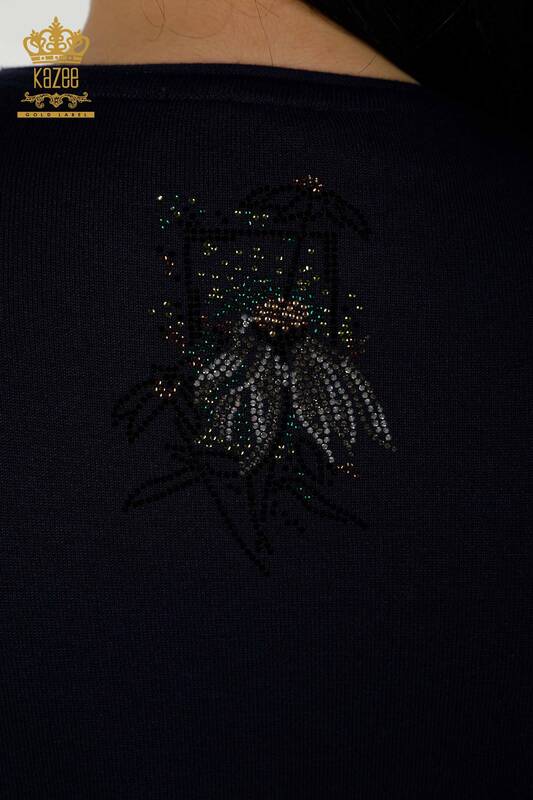 Женский трикотажный свитер оптом - Цветочный узор - Темно-синий - 16963 | КАZEE